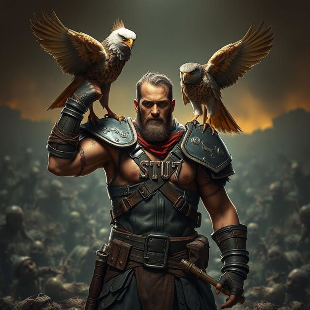 A victorious warrior standing in a zombie battlefield, exuding confidence and strength