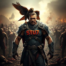 A victorious warrior standing in a zombie battlefield, exuding confidence and strength