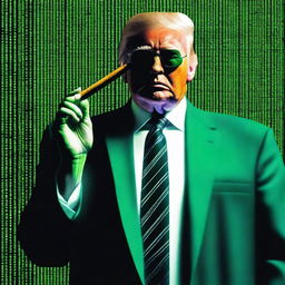 A top-quality, digital art image of Donald Trump in the style of an NFT, incorporating elements from The Matrix and a cigar theme