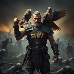 A victorious warrior standing in a zombie battlefield, exuding confidence and strength
