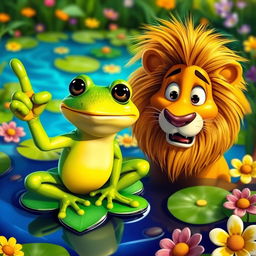 A whimsical scene featuring a frog confidently pointing its index finger to the left, while a surprised lion gazes at the frog