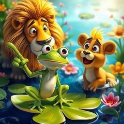 A whimsical scene featuring a frog confidently pointing its index finger to the left, while a surprised lion gazes at the frog