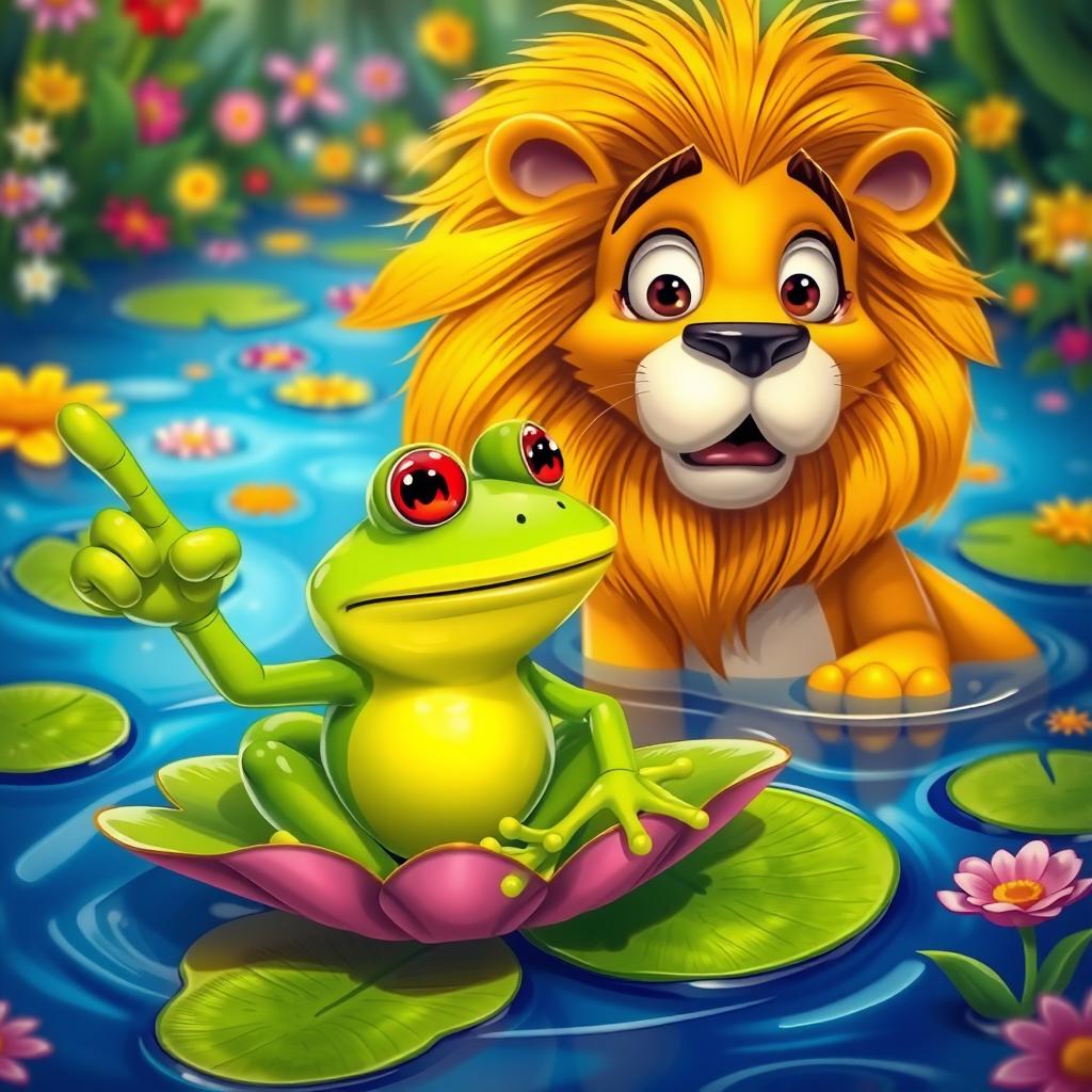 A whimsical scene featuring a frog confidently pointing its index finger to the left, while a surprised lion gazes at the frog