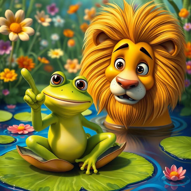 A whimsical scene featuring a frog confidently pointing its index finger to the left, while a surprised lion gazes at the frog