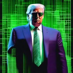 A top-quality, digital art image of Donald Trump in the style of an NFT, incorporating elements from The Matrix and a cigar theme