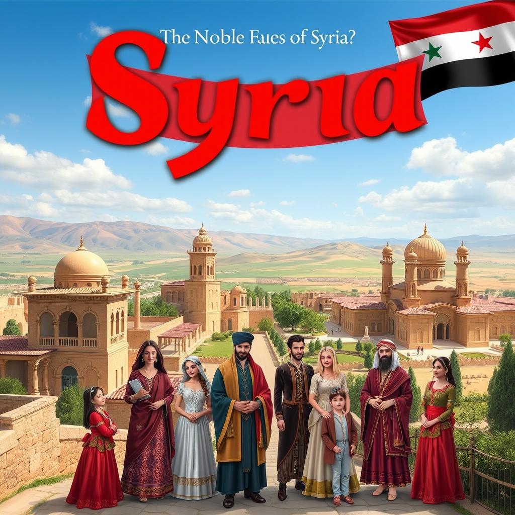 A vibrant and respectful representation of the noble families of Syria, showcasing traditional Syrian architecture and cultural elements