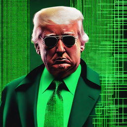 A top-quality, digital art image of Donald Trump in the style of an NFT, incorporating elements from The Matrix and a cigar theme