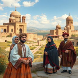 A vibrant and respectful representation of the noble families of Syria, showcasing traditional Syrian architecture and cultural elements