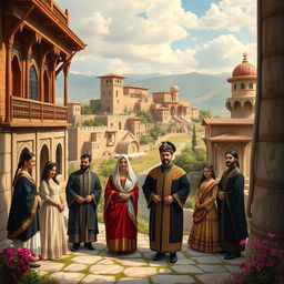 A vibrant and respectful representation of the noble families of Syria, showcasing traditional Syrian architecture and cultural elements