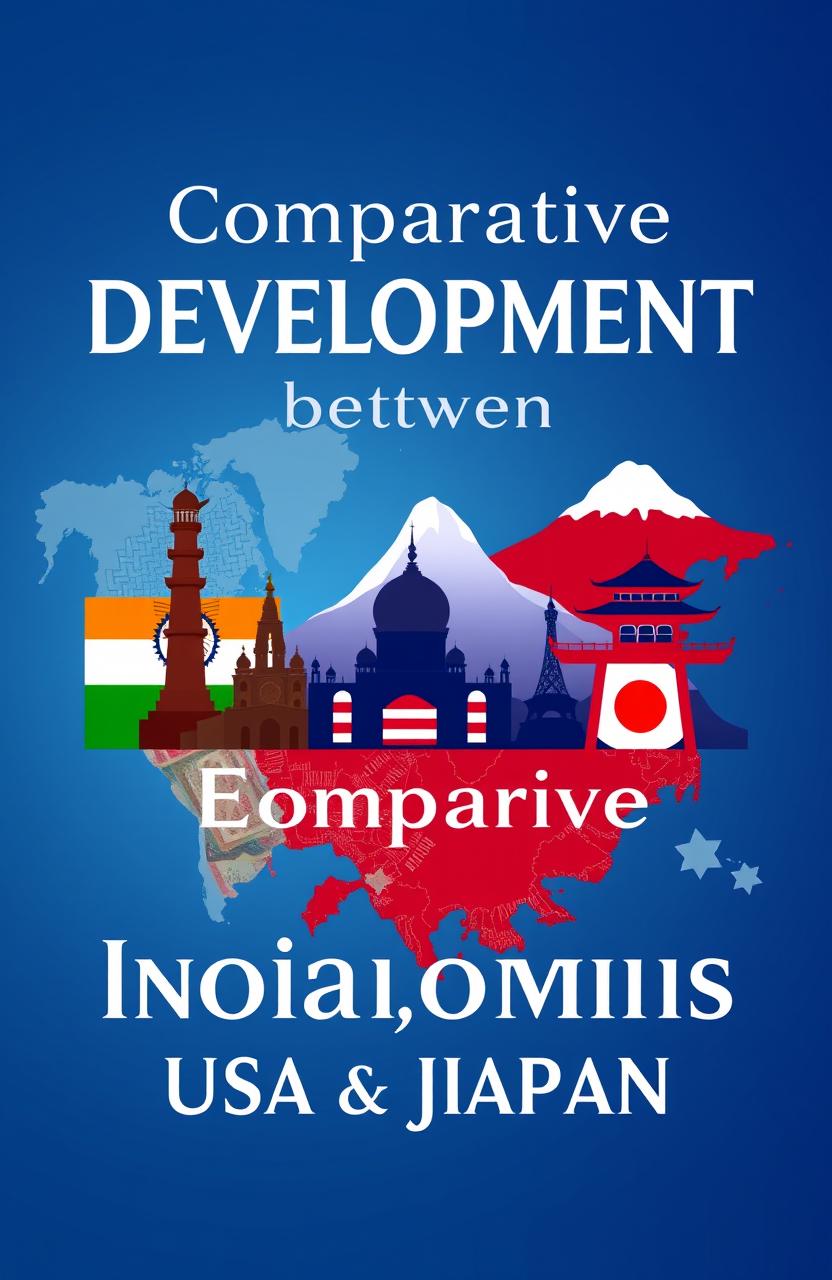 A visually striking cover page for a project titled "Comparative Development between Economics: India, USA, and Japan"