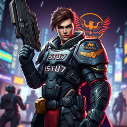 A video game character depicted as a skilled warrior holding a futuristic weapon