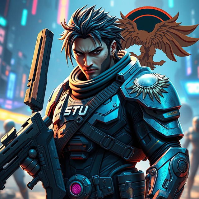 A video game character depicted as a skilled warrior holding a futuristic weapon