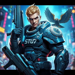 A video game character depicted as a skilled warrior holding a futuristic weapon