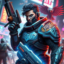 A video game character depicted as a skilled warrior holding a futuristic weapon