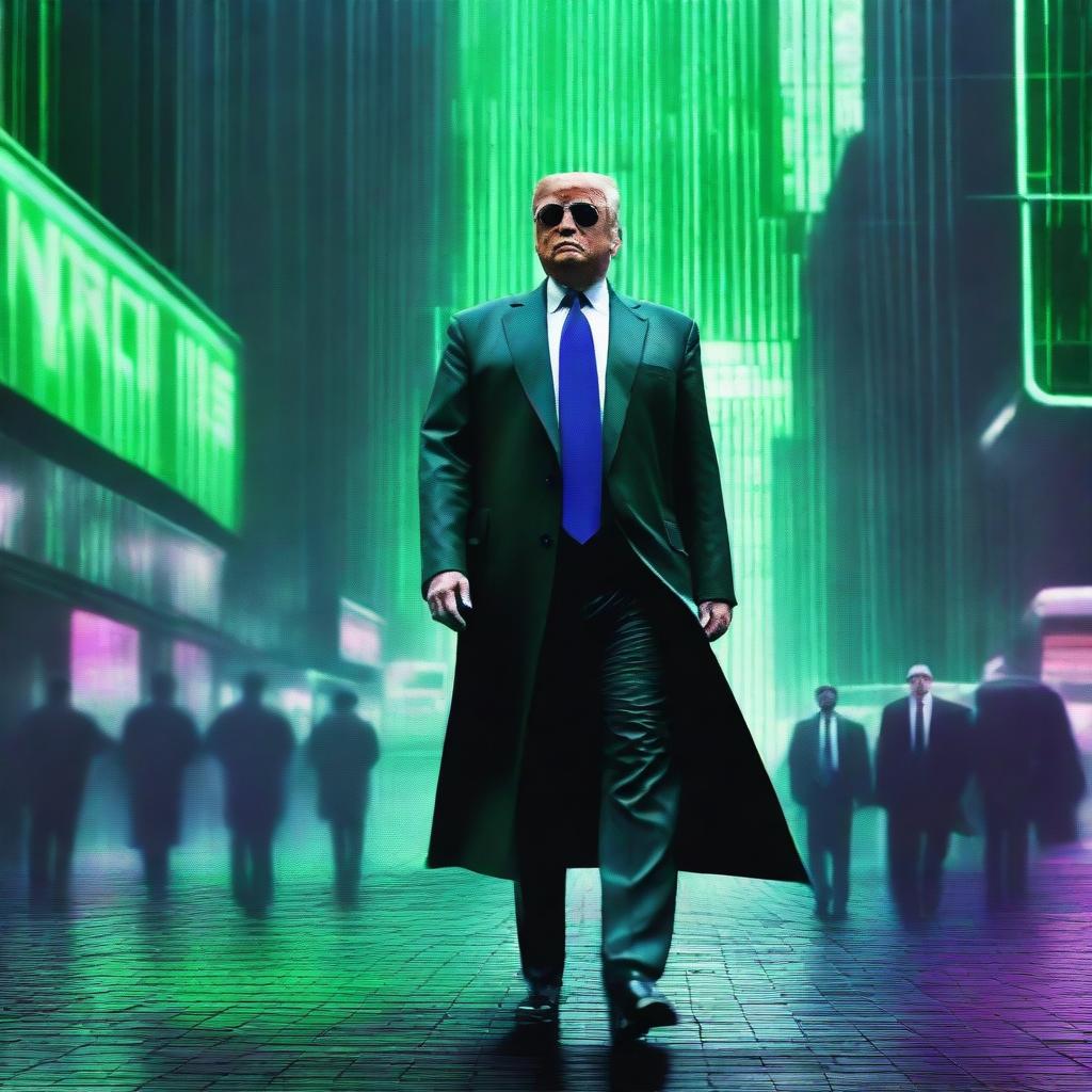 A high-quality, digital art image of Donald Trump in the style of an NFT, incorporating elements from The Matrix and a street scene