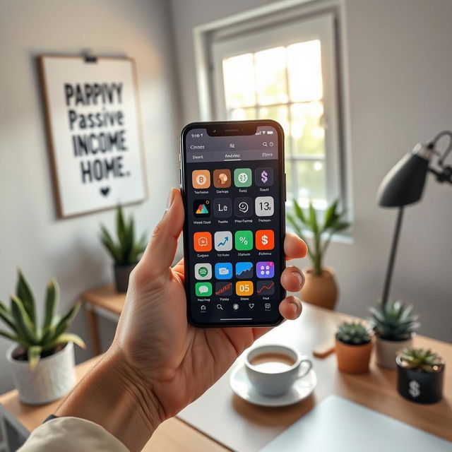 A visually appealing smartphone showcasing various popular passive income apps on the screen, including graphs and dollar signs representing earnings