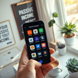 A visually appealing smartphone showcasing various popular passive income apps on the screen, including graphs and dollar signs representing earnings