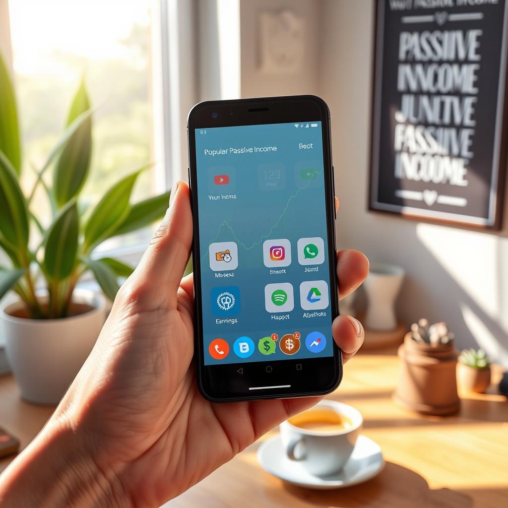 A visually appealing smartphone showcasing various popular passive income apps on the screen, including graphs and dollar signs representing earnings