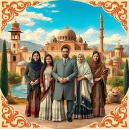 A stunning and respectful portrayal of the esteemed families of Syria, featuring traditional Syrian architecture, historical landmarks, and elements of the rich cultural heritage