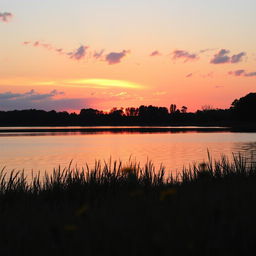 A serene sunset over a tranquil lake, with vibrant hues of orange, pink, and purple reflecting on the water