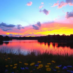 A serene sunset over a tranquil lake, with vibrant hues of orange, pink, and purple reflecting on the water