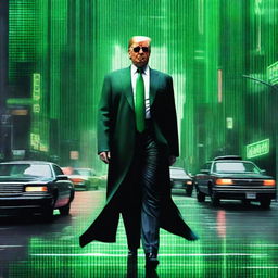 A high-quality, digital art image of Donald Trump in the style of an NFT, incorporating elements from The Matrix and a street scene