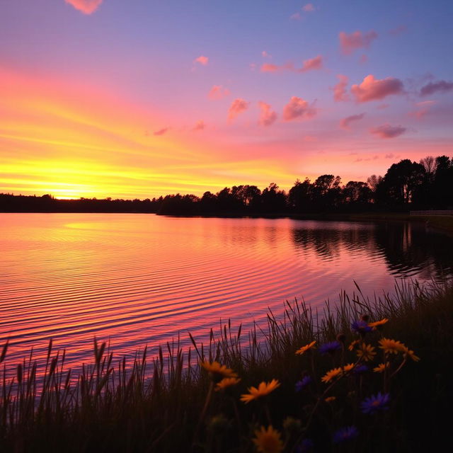 A serene sunset over a tranquil lake, with vibrant hues of orange, pink, and purple reflecting on the water