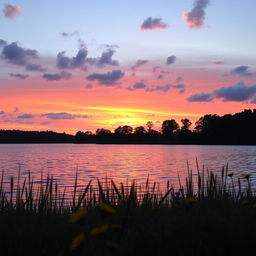 A serene sunset over a tranquil lake, with vibrant hues of orange, pink, and purple reflecting on the water