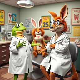 In a lively dental office setting, the same bright green frog, the same sad lion in a rabbit costume, and the kangaroo dressed as a dentist are engaged in a friendly conversation