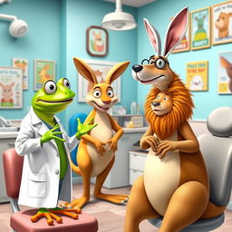 In a lively dental office setting, the same bright green frog, the same sad lion in a rabbit costume, and the kangaroo dressed as a dentist are engaged in a friendly conversation