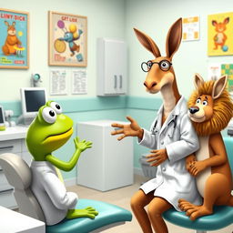 In a lively dental office setting, the same bright green frog, the same sad lion in a rabbit costume, and the kangaroo dressed as a dentist are engaged in a friendly conversation