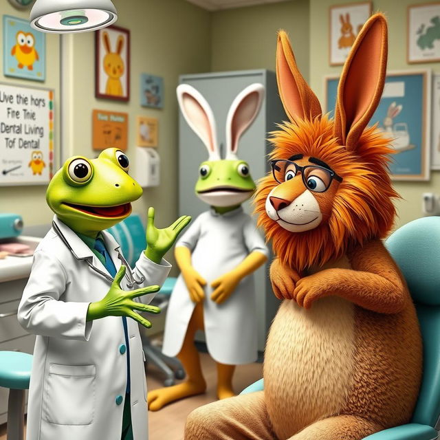 In a lively dental office setting, the same bright green frog, the same sad lion in a rabbit costume, and the kangaroo dressed as a dentist are engaged in a friendly conversation