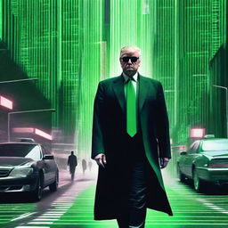 A high-quality, digital art image of Donald Trump in the style of an NFT, incorporating elements from The Matrix and a street scene