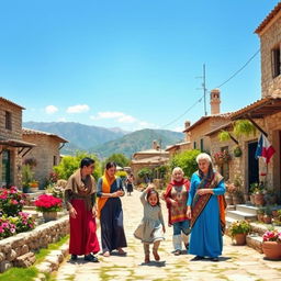 A harmonious scene depicting Syrian people engaging in everyday activities showcasing their culture and traditions