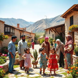 A harmonious scene depicting Syrian people engaging in everyday activities showcasing their culture and traditions