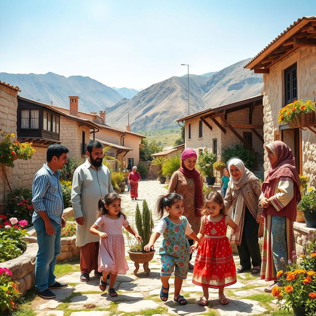 A harmonious scene depicting Syrian people engaging in everyday activities showcasing their culture and traditions