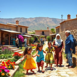 A harmonious scene depicting Syrian people engaging in everyday activities showcasing their culture and traditions