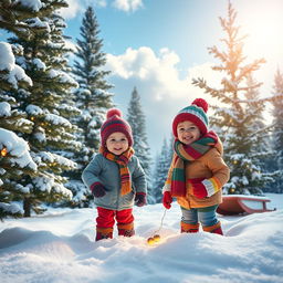 A beautiful winter scene depicting two children joyfully exploring a snowy forest treasure in the United States during Christmas