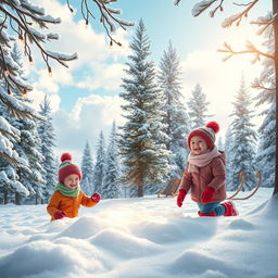 A beautiful winter scene depicting two children joyfully exploring a snowy forest treasure in the United States during Christmas