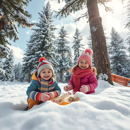 A beautiful winter scene depicting two children joyfully exploring a snowy forest treasure in the United States during Christmas