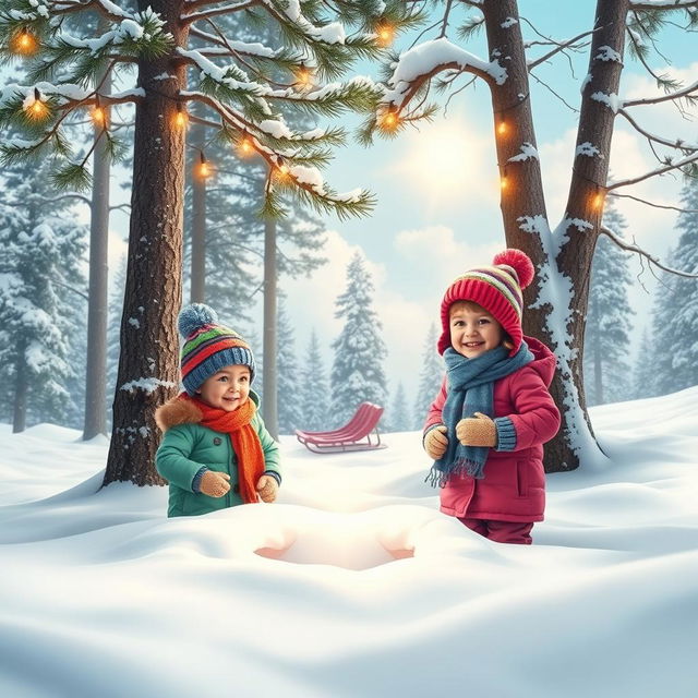 A beautiful winter scene depicting two children joyfully exploring a snowy forest treasure in the United States during Christmas