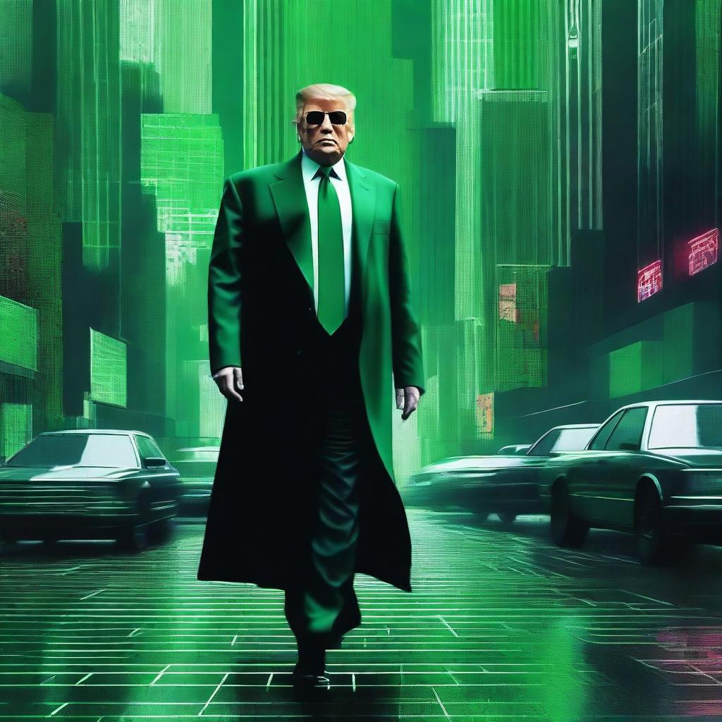 A high-quality, digital art image of Donald Trump in the style of an NFT, incorporating elements from The Matrix and a street scene