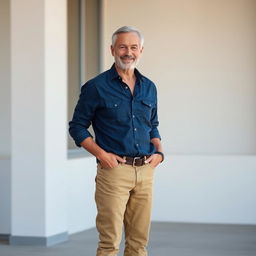 A relatively fit man in his 50's, dressed in a crisp dark denim blue shirt and khaki pants