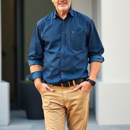 A relatively fit man in his 50's, dressed in a crisp dark denim blue shirt and khaki pants