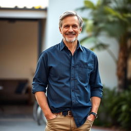 A relatively fit man in his 50's, dressed in a crisp dark denim blue shirt and khaki pants