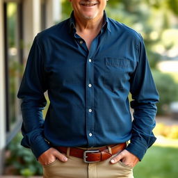A relatively fit man in his 50's, dressed in a crisp dark denim blue shirt and khaki pants