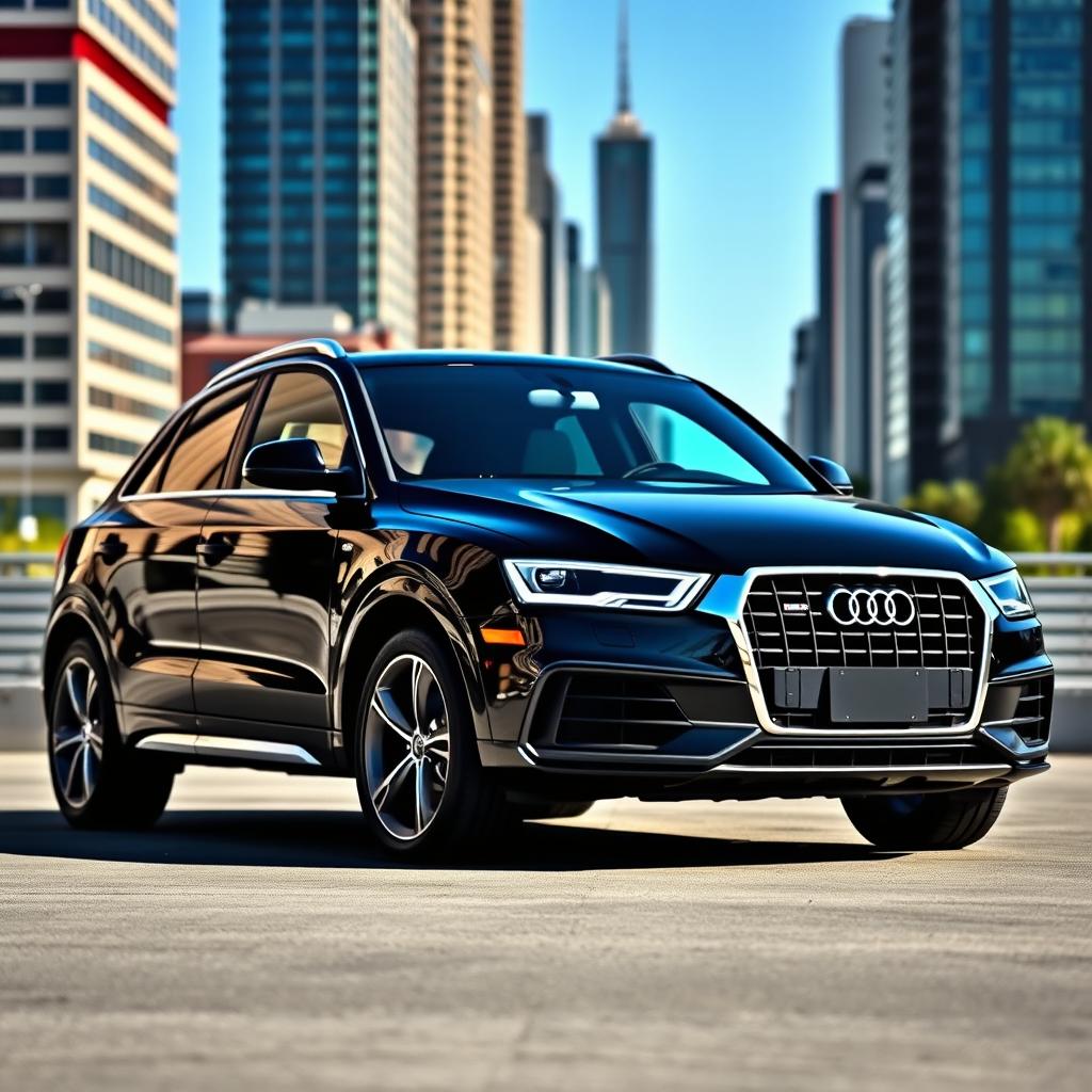 A sleek black 2017 Audi Q3 S-Line parked in an urban setting, showcasing its modern lines and sporty design