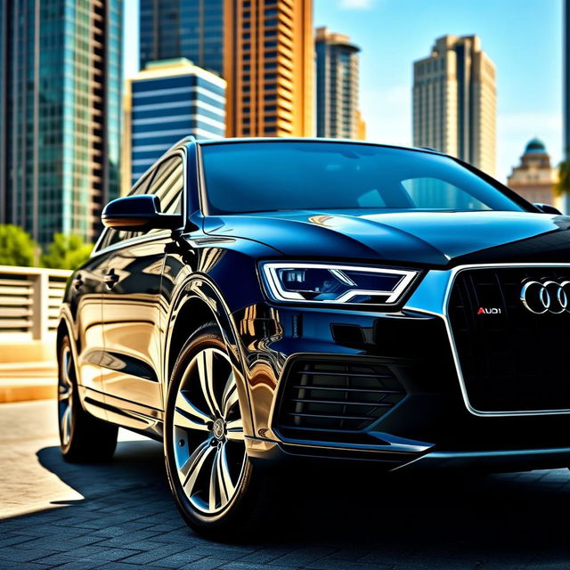 A sleek black 2017 Audi Q3 S-Line parked in an urban setting, showcasing its modern lines and sporty design