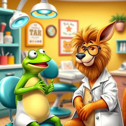 In a vibrant dental office, the same bright green frog, now without any disguise, is engaged in a cheerful conversation with the same sad lion, who is also without disguise, displaying a more comfortable demeanor