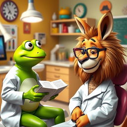 In a vibrant dental office, the same bright green frog, now without any disguise, is engaged in a cheerful conversation with the same sad lion, who is also without disguise, displaying a more comfortable demeanor